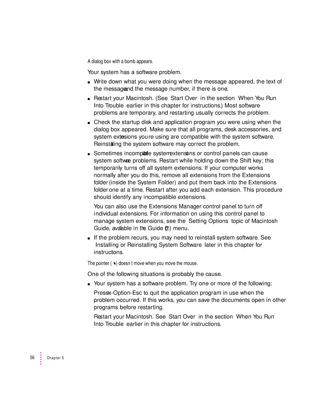 Apple 550 series, 570 series manual Dialog box with a bomb appears, Pointer 8 doesn’t move when you move the mouse 