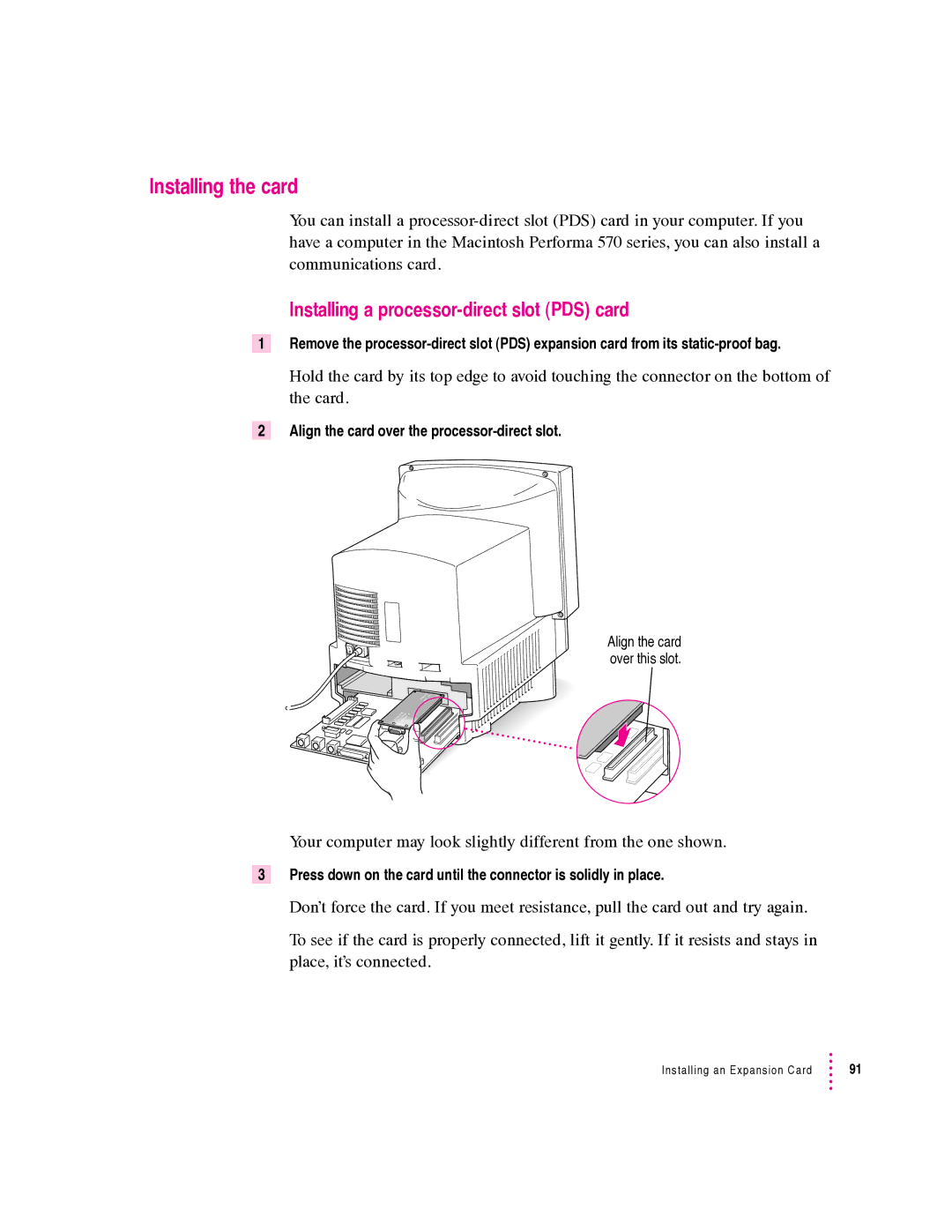 Apple 570 series, 550 series manual Installing the card, Installing a processor-direct slot PDS card 