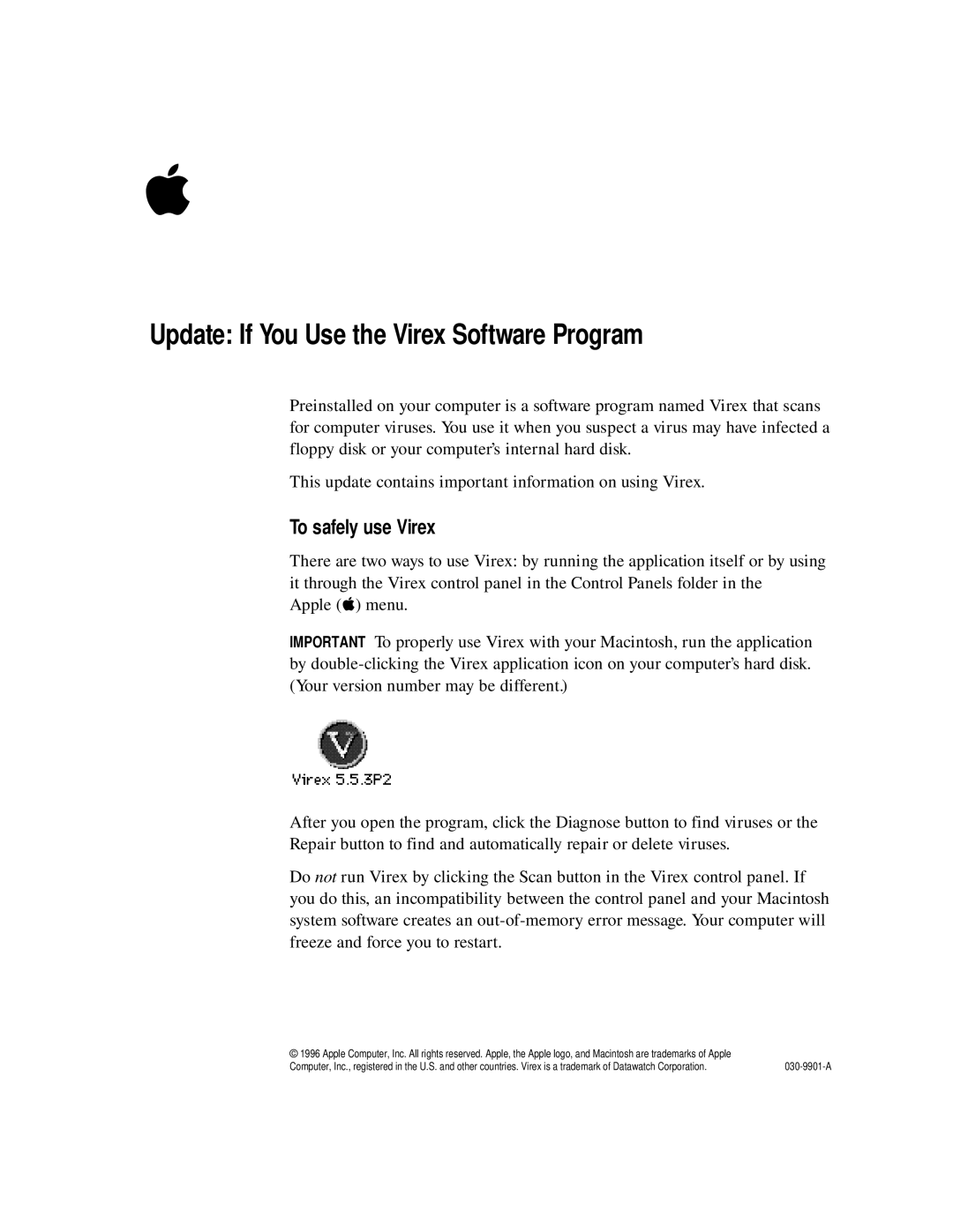 Apple 5.5.3P2 manual Update If You Use the Virex Software Program, To safely use Virex 