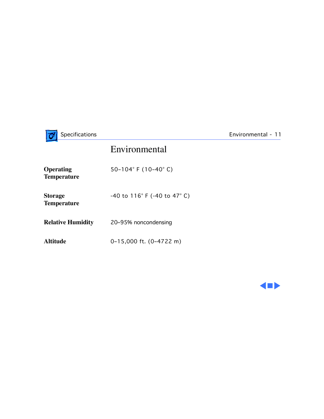 Apple 500, 575, 577, 560, 550, 578 manual Environmental, Operating, Temperature Storage, Temperature Relative Humidity, Altitude 