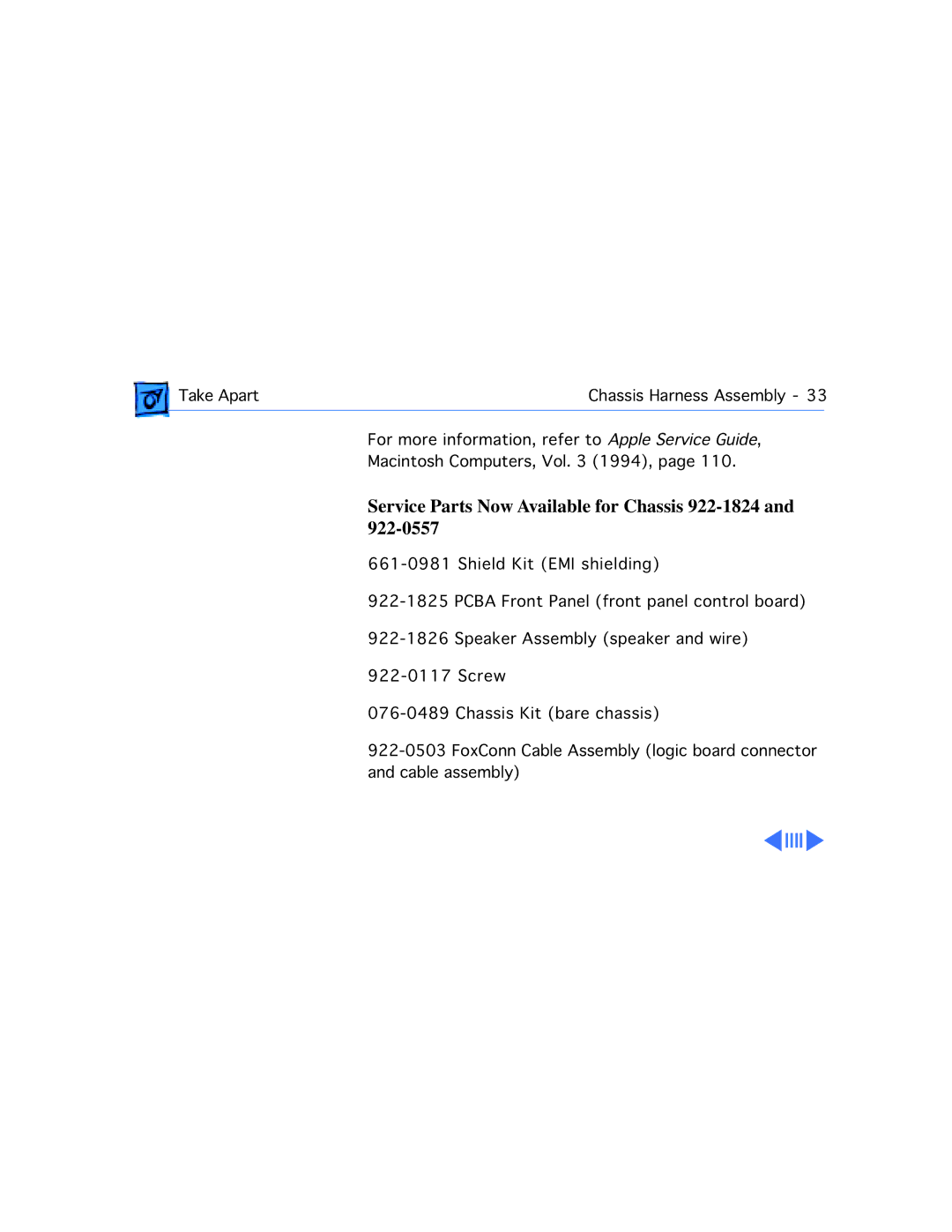 Apple 560, 575, 577, 550, 500, 578 manual Service Parts Now Available for Chassis 922-1824 