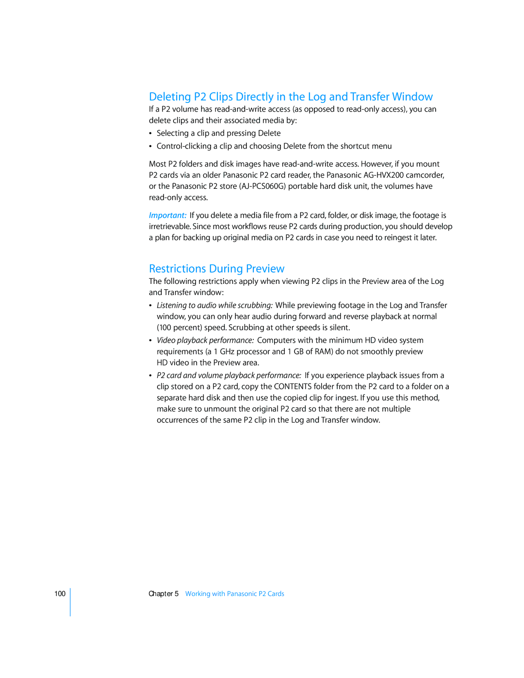 Apple 6 manual Deleting P2 Clips Directly in the Log and Transfer Window, Restrictions During Preview 