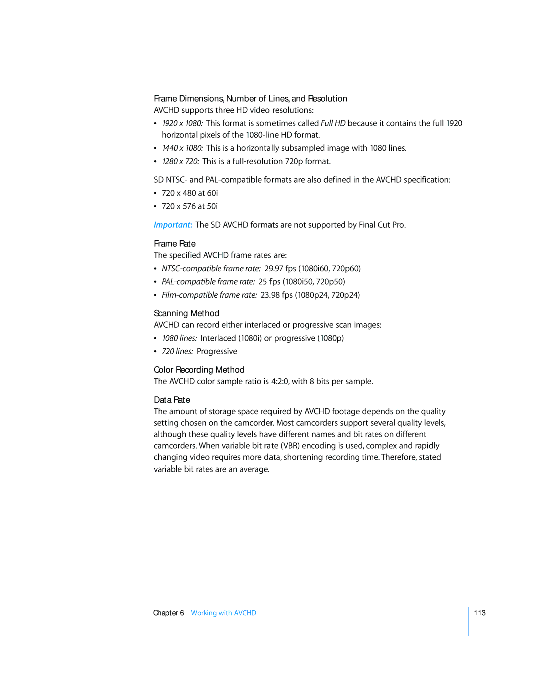 Apple 6 manual Specified Avchd frame rates are 