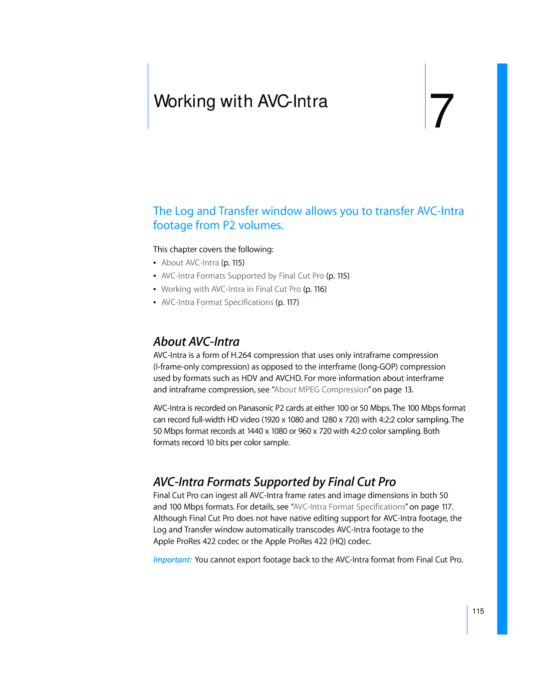 Apple 6 manual About AVC-Intra, AVC-Intra Formats Supported by Final Cut Pro 