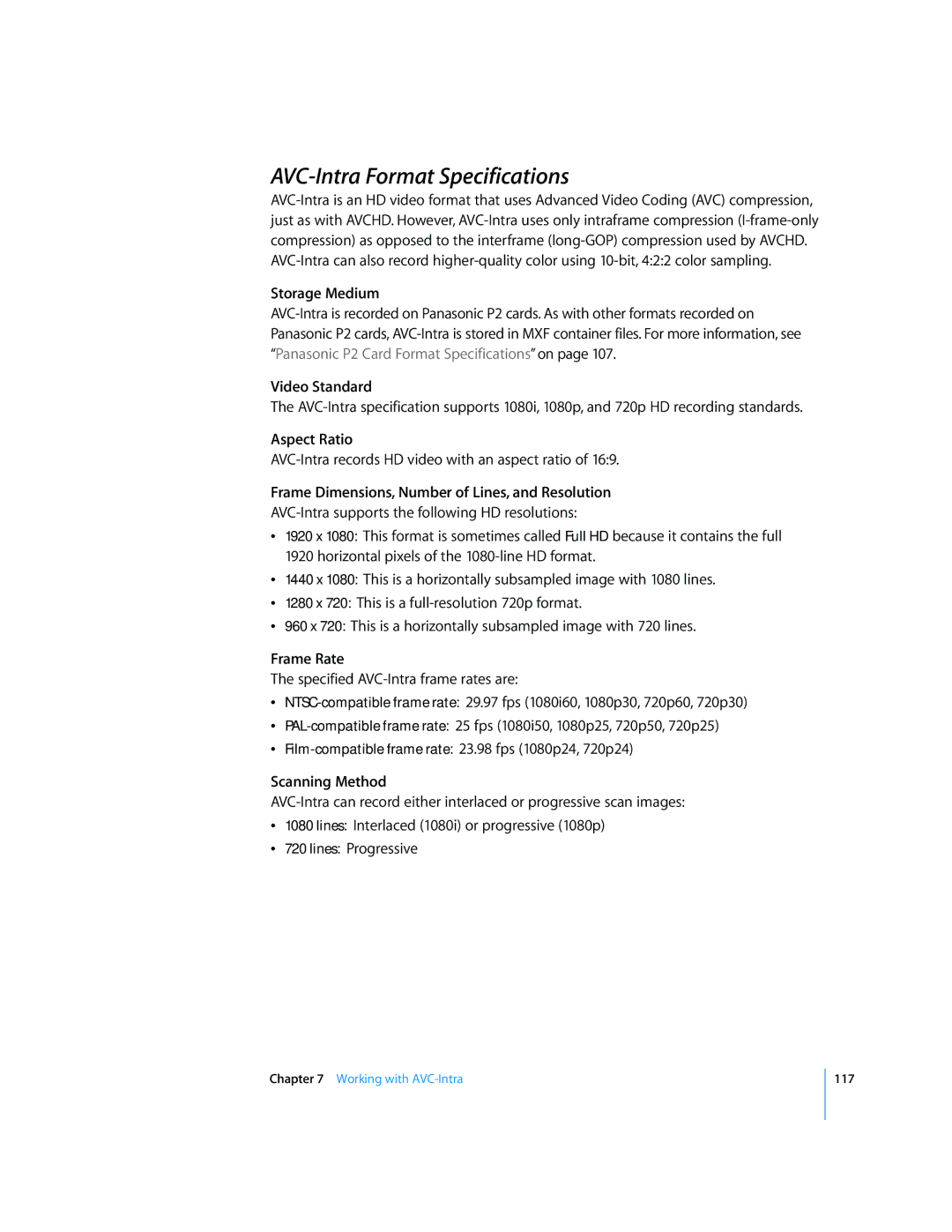 Apple 6 manual AVC-Intra Format Specifications, Storage Medium 