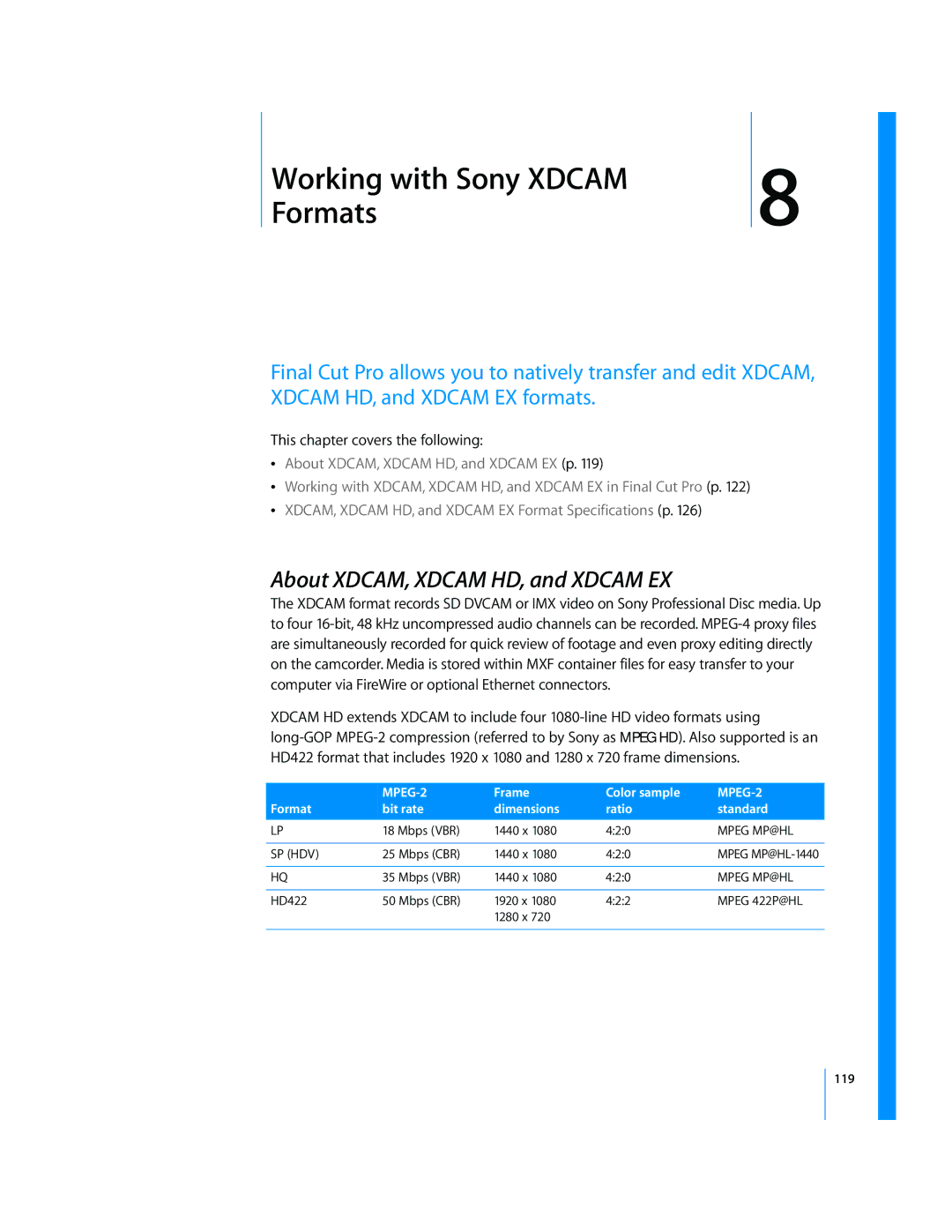 Apple 6 manual 8Working with Sony Xdcam Formats, About XDCAM, Xdcam HD, and Xdcam EX 