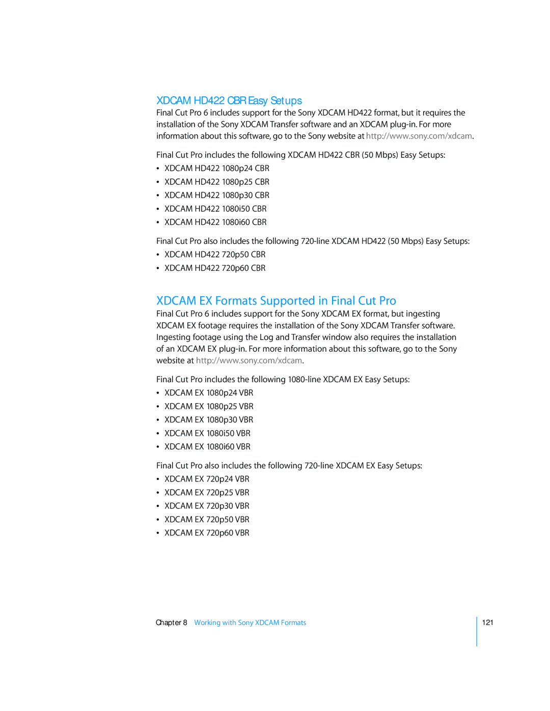 Apple 6 manual Xdcam EX Formats Supported in Final Cut Pro, Xdcam HD422 CBR Easy Setups 