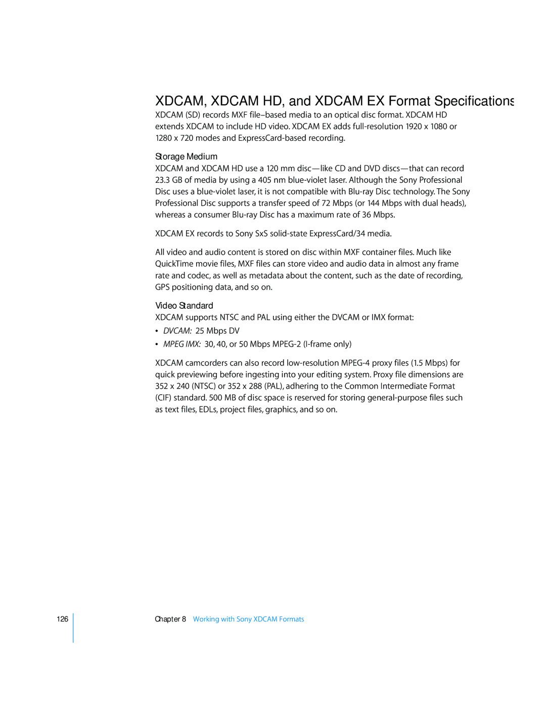 Apple 6 manual XDCAM, Xdcam HD, and Xdcam EX Format Specifications 