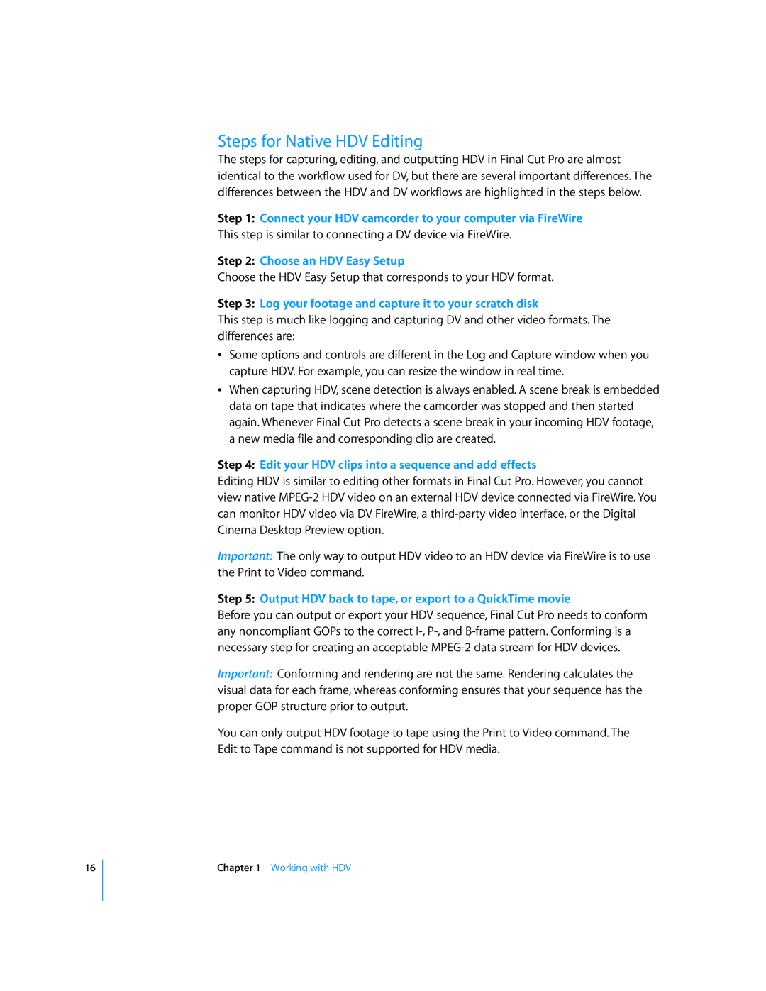 Apple 6 manual Steps for Native HDV Editing, Log your footage and capture it to your scratch disk 