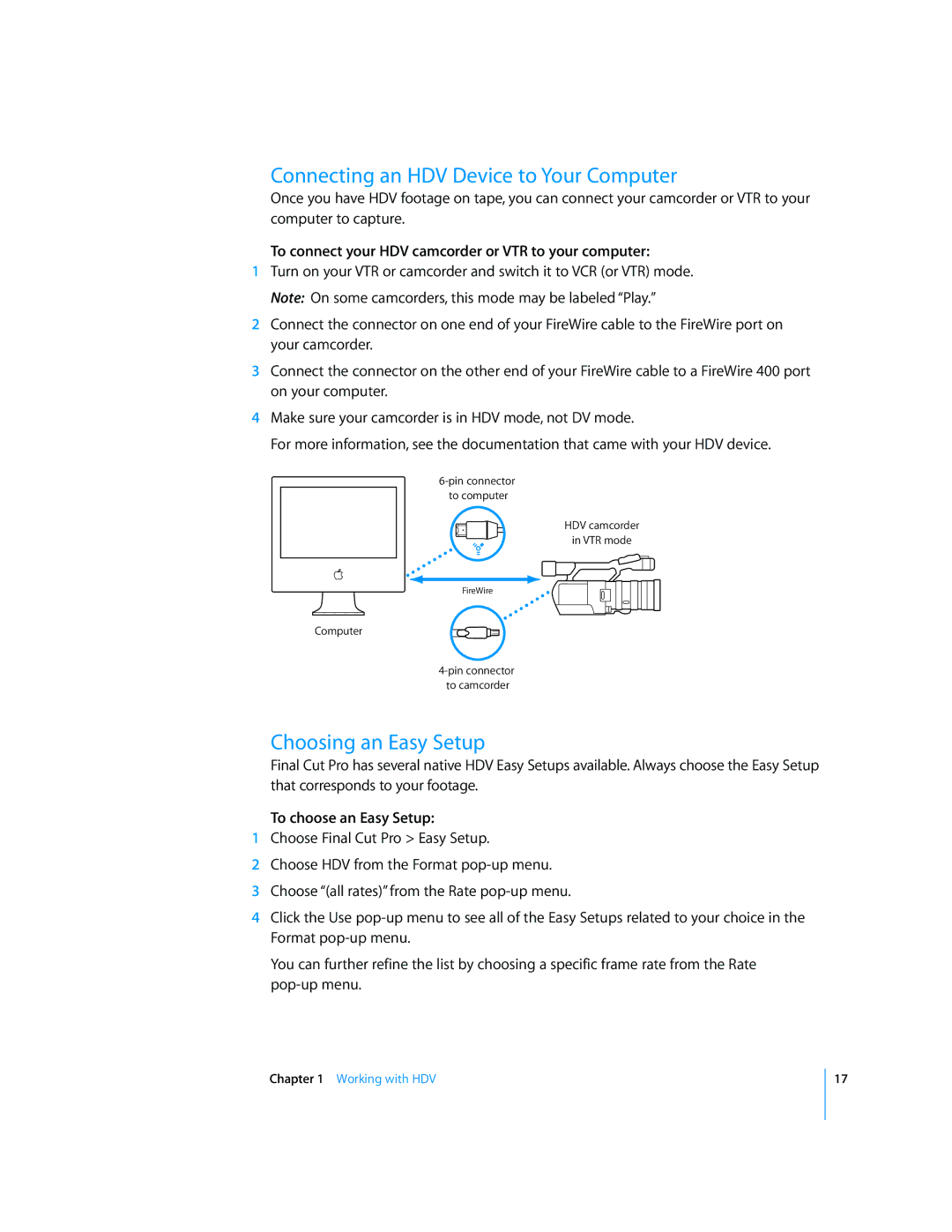 Apple 6 manual Connecting an HDV Device to Your Computer, Choosing an Easy Setup, To choose an Easy Setup 