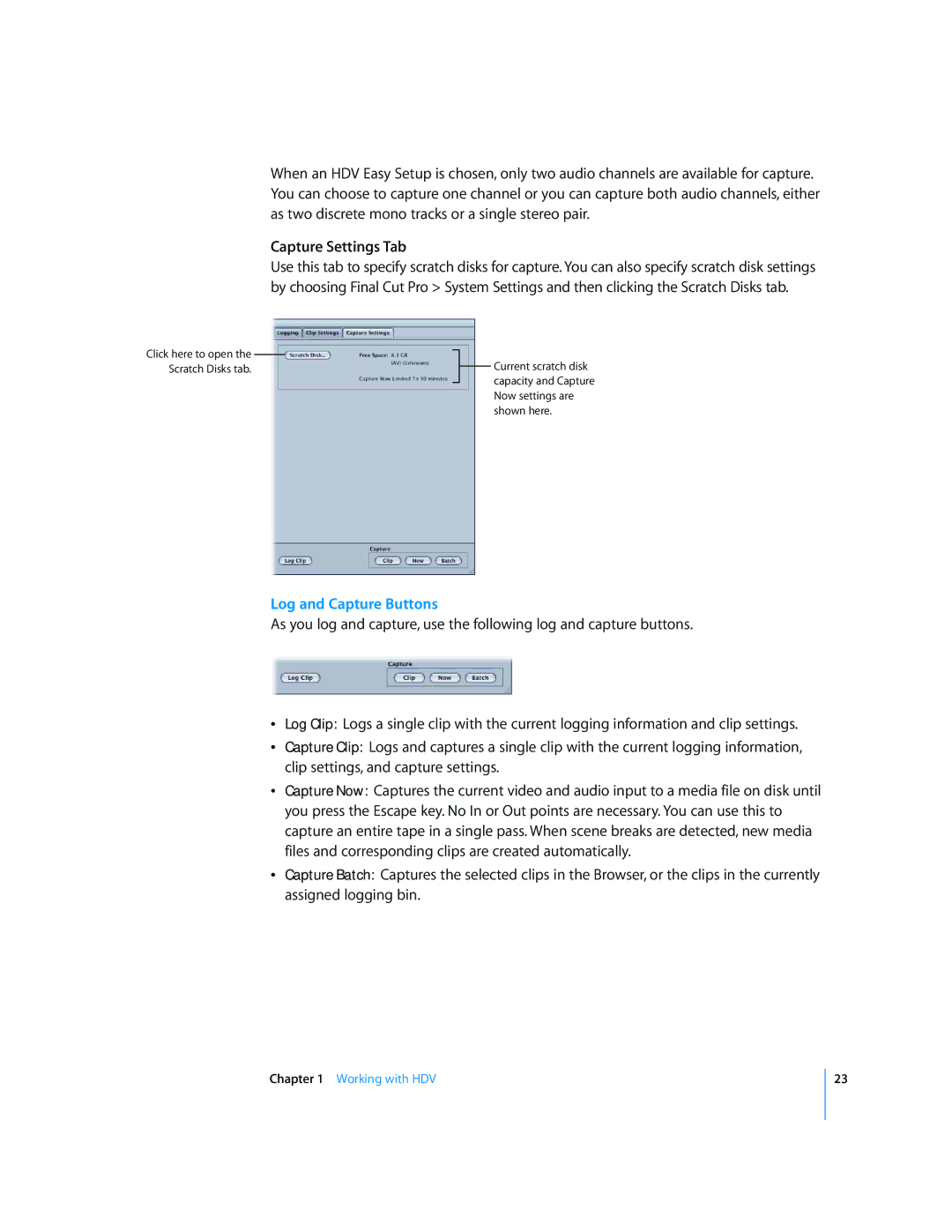 Apple 6 manual Capture Settings Tab, Log and Capture Buttons 