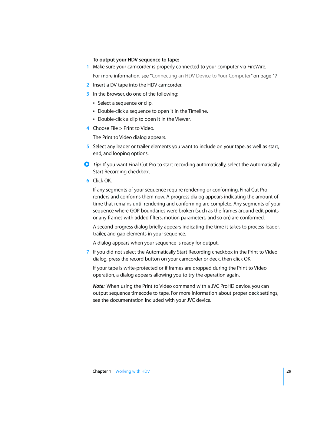 Apple 6 manual To output your HDV sequence to tape 