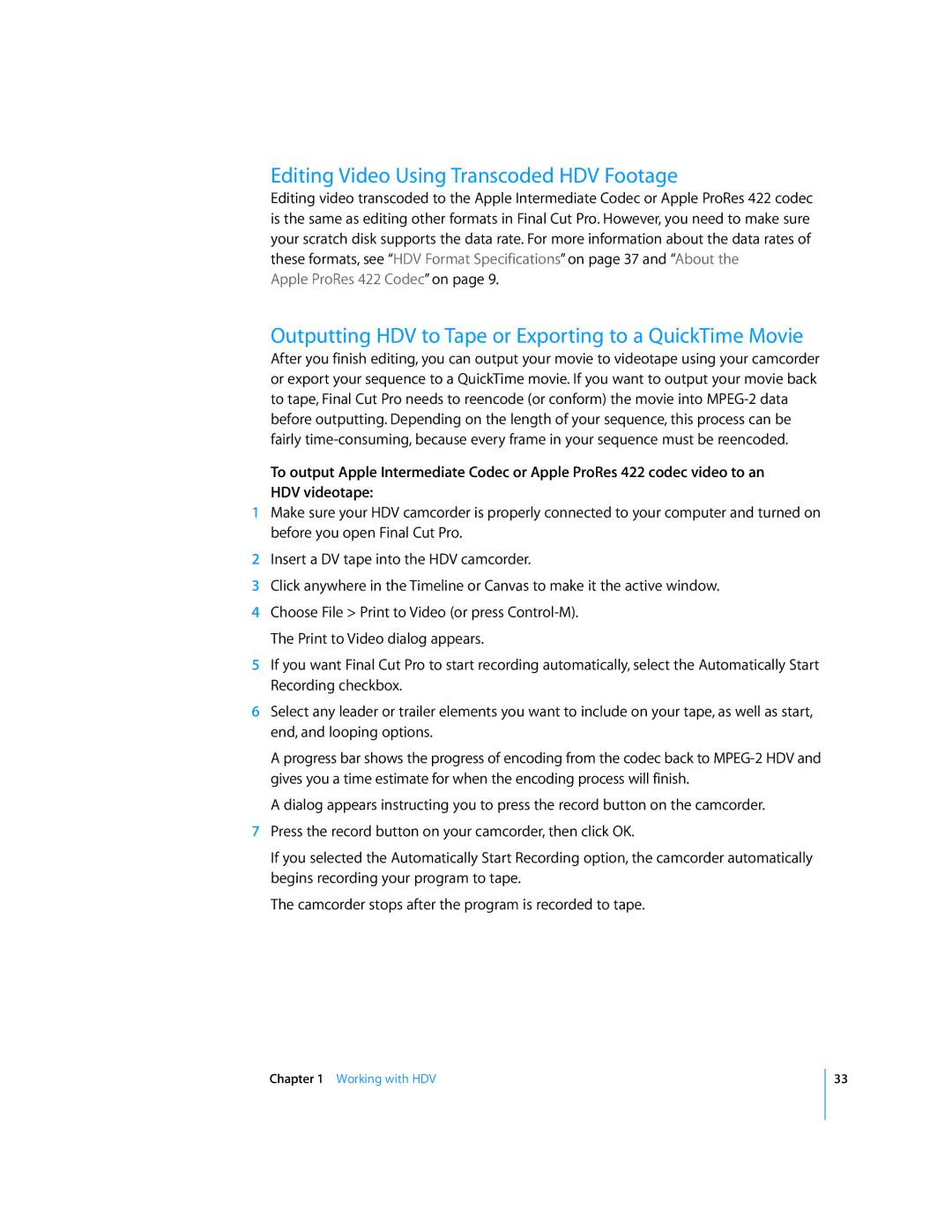 Apple 6 manual Editing Video Using Transcoded HDV Footage, Outputting HDV to Tape or Exporting to a QuickTime Movie 