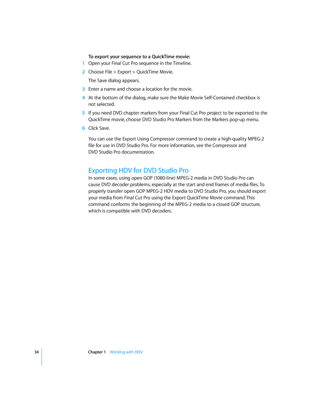 Apple 6 manual Exporting HDV for DVD Studio Pro, To export your sequence to a QuickTime movie 