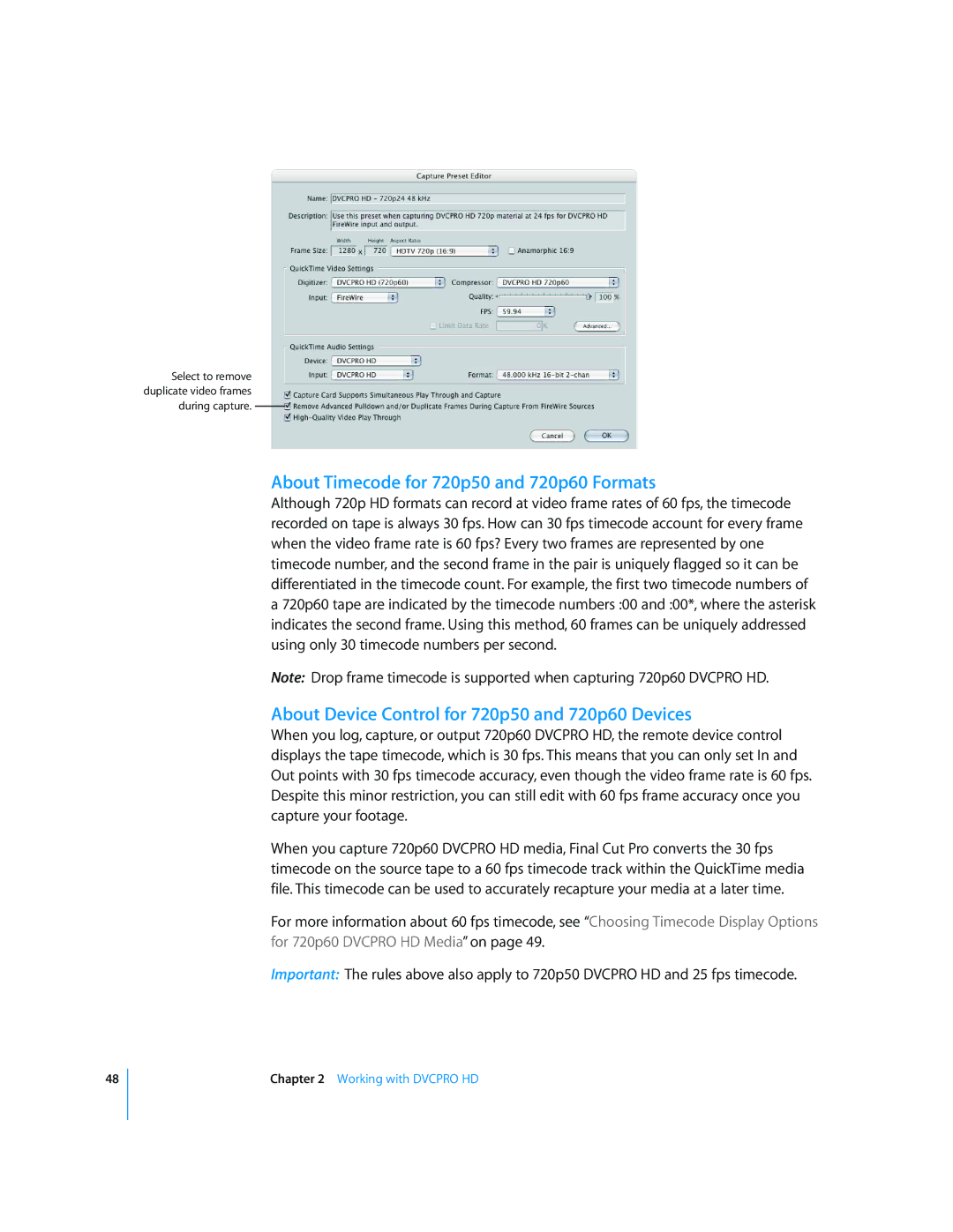 Apple manual About Timecode for 720p50 and 720p60 Formats, About Device Control for 720p50 and 720p60 Devices 