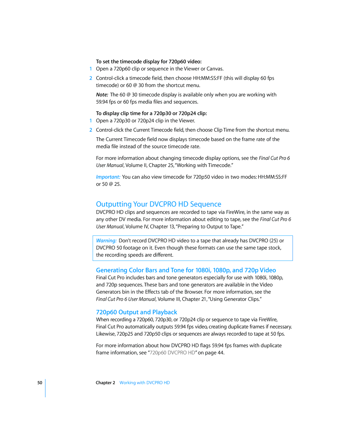 Apple manual Outputting Your Dvcpro HD Sequence, To set the timecode display for 720p60 video 