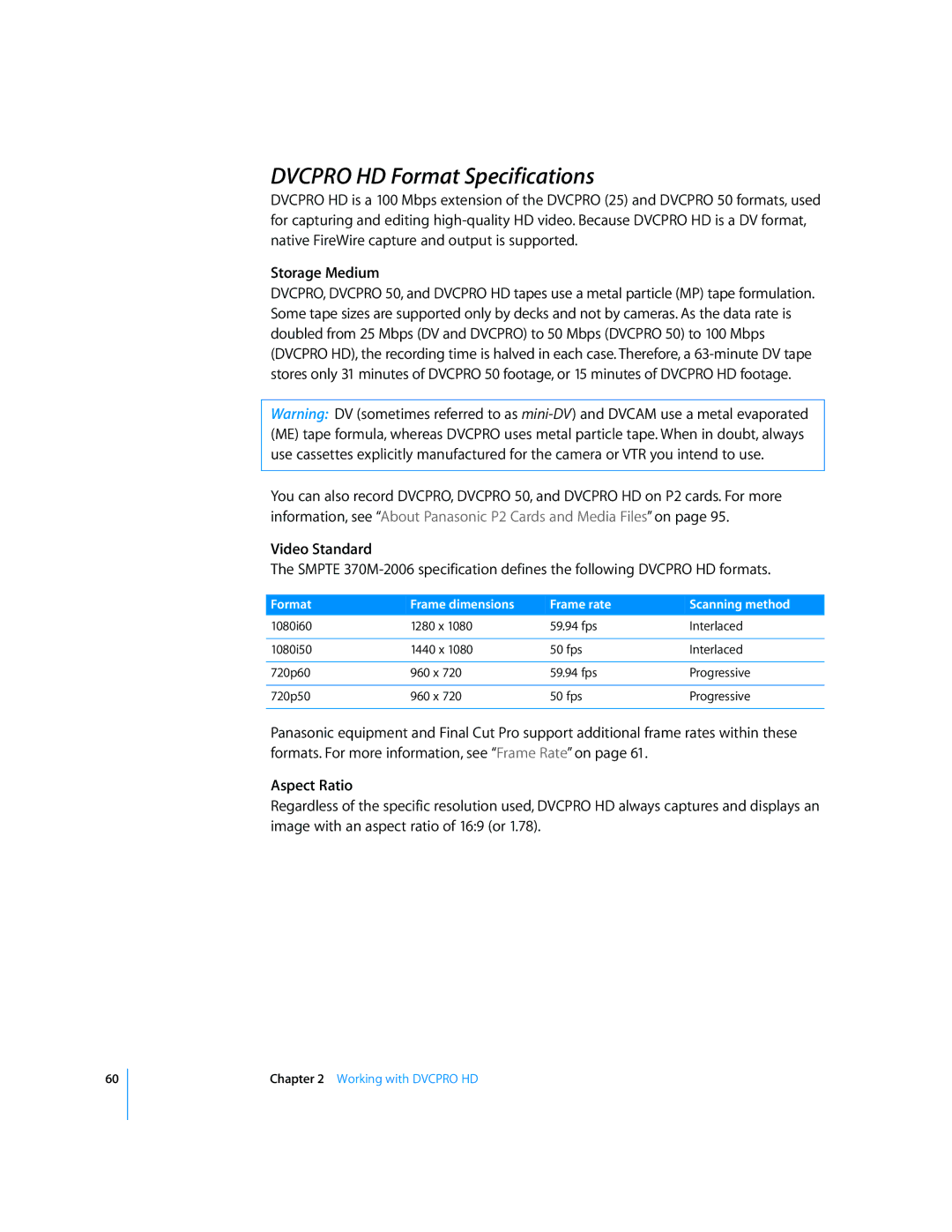 Apple 6 manual Dvcpro HD Format Specifications, Storage Medium 