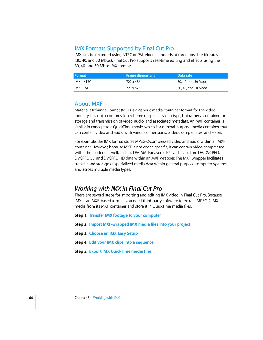 Apple 6 manual Working with IMX in Final Cut Pro, IMX Formats Supported by Final Cut Pro, About MXF 