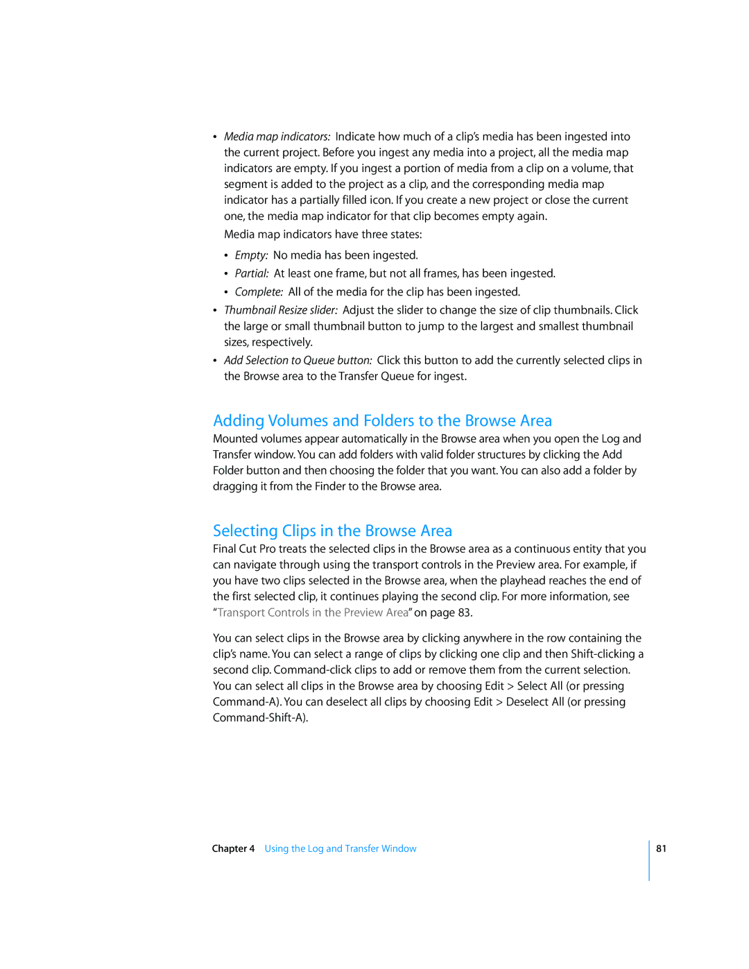 Apple 6 manual Adding Volumes and Folders to the Browse Area, Selecting Clips in the Browse Area 