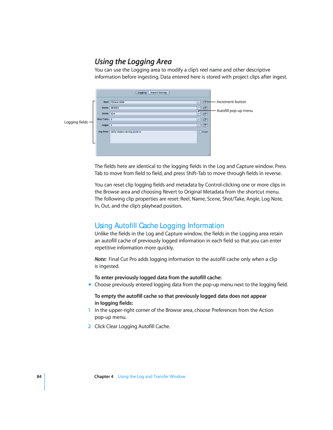 Apple 6 manual Using the Logging Area, Using Autofill Cache Logging Information 