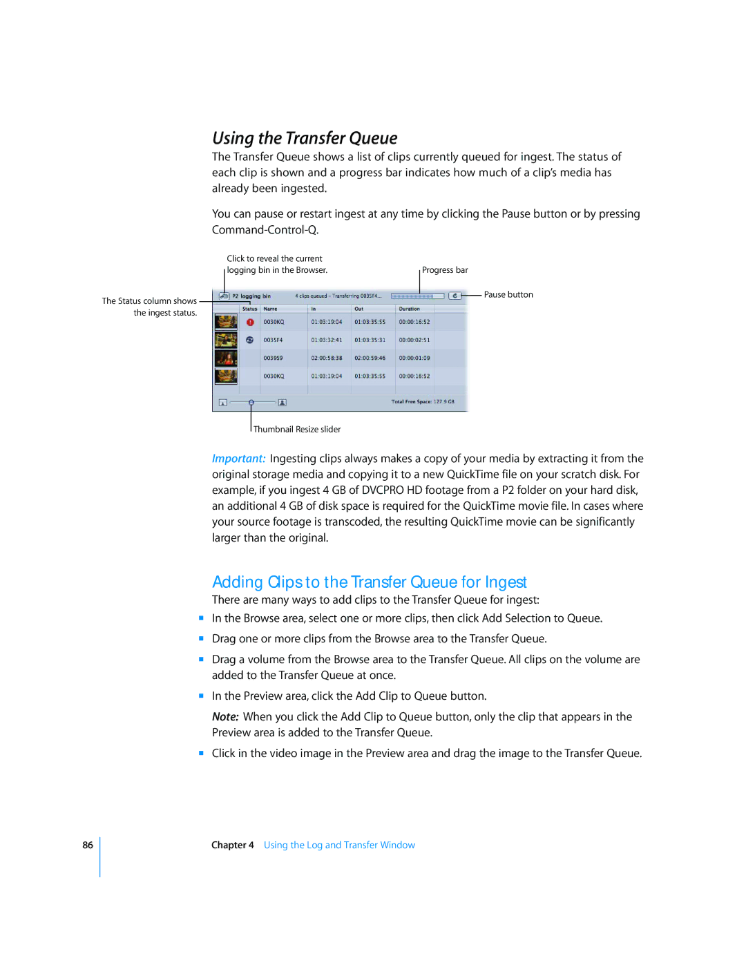 Apple 6 manual Using the Transfer Queue, Adding Clips to the Transfer Queue for Ingest 