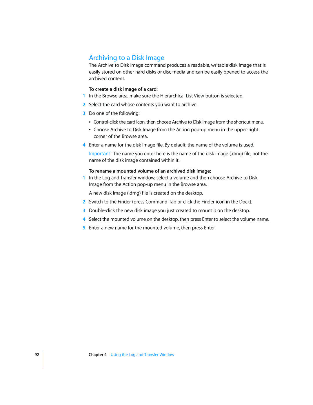 Apple 6 Archiving to a Disk Image, To create a disk image of a card, To rename a mounted volume of an archived disk image 