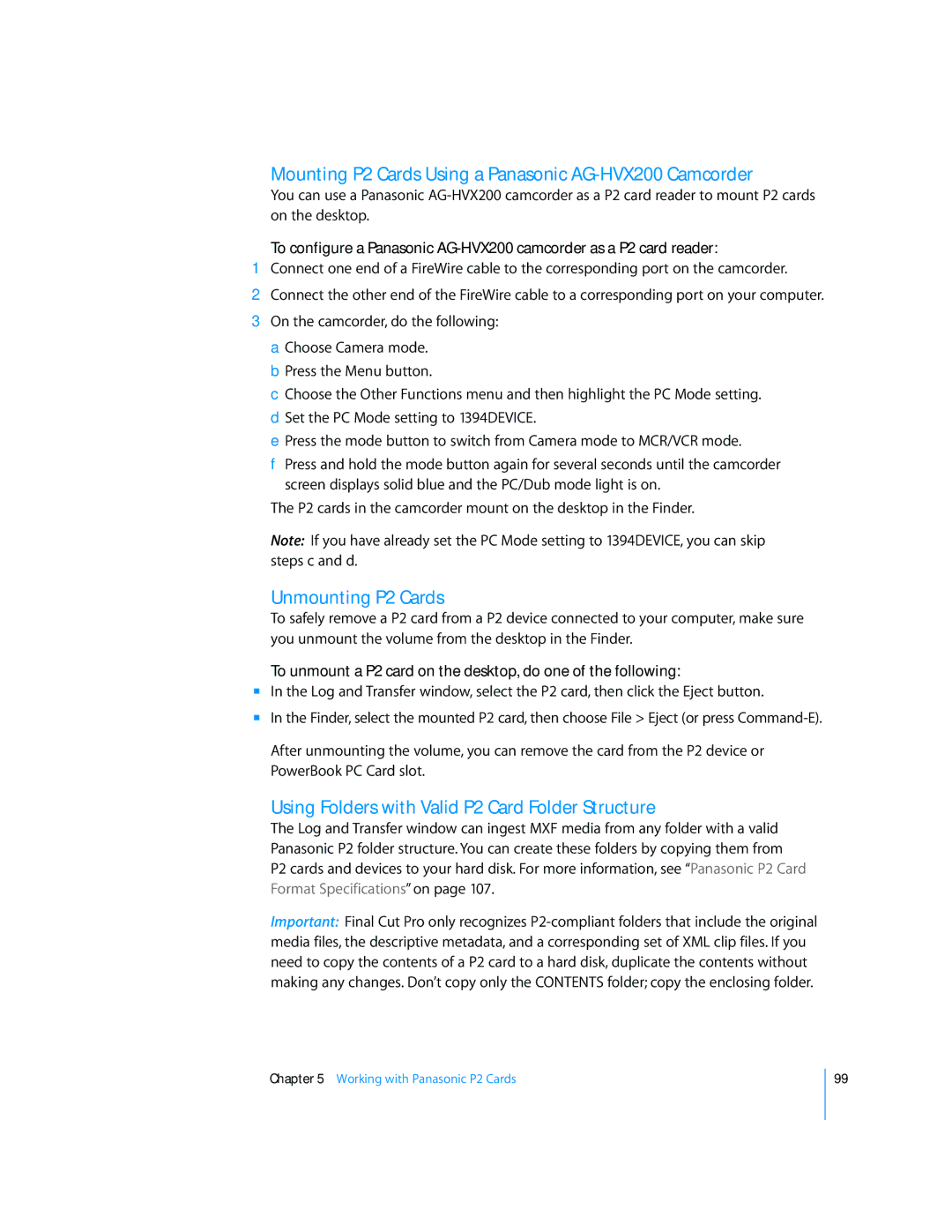 Apple 6 manual Mounting P2 Cards Using a Panasonic AG-HVX200 Camcorder, Unmounting P2 Cards 