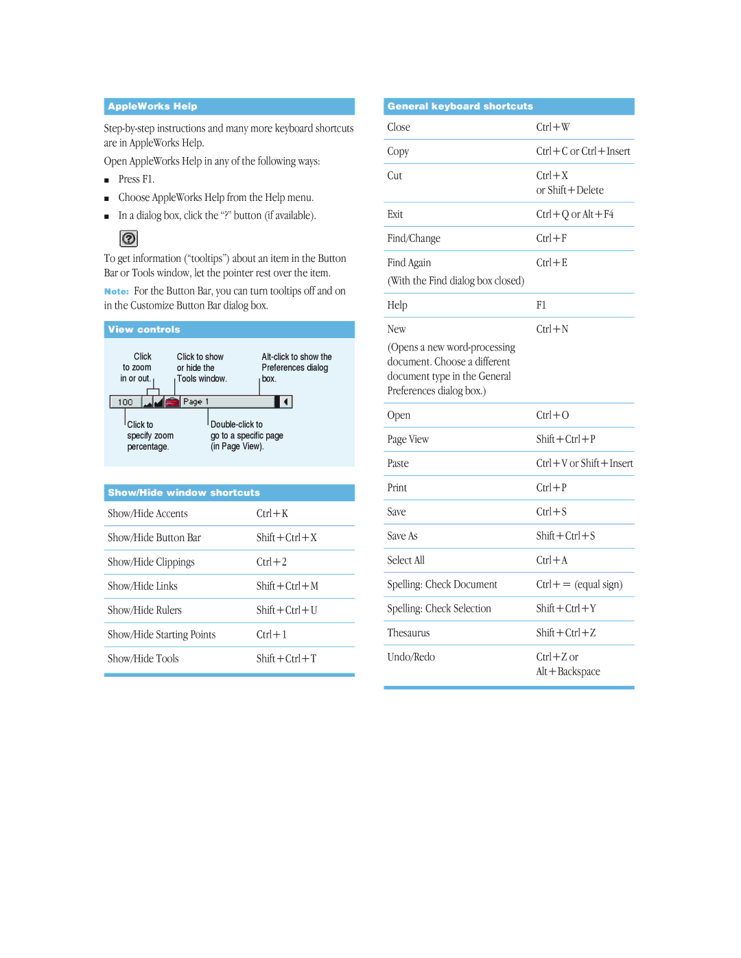 Apple 6 manual AppleWorks Help, View controls, Show/Hide window shortcuts, General keyboard shortcuts 