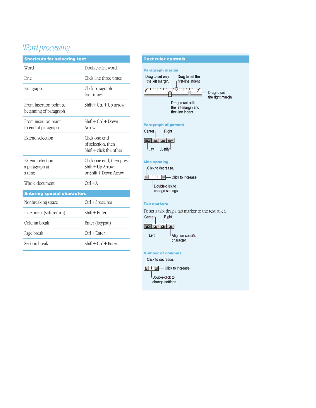 Apple 6 manual Word processing, Shortcuts for selecting text, Text ruler controls, Entering special characters 