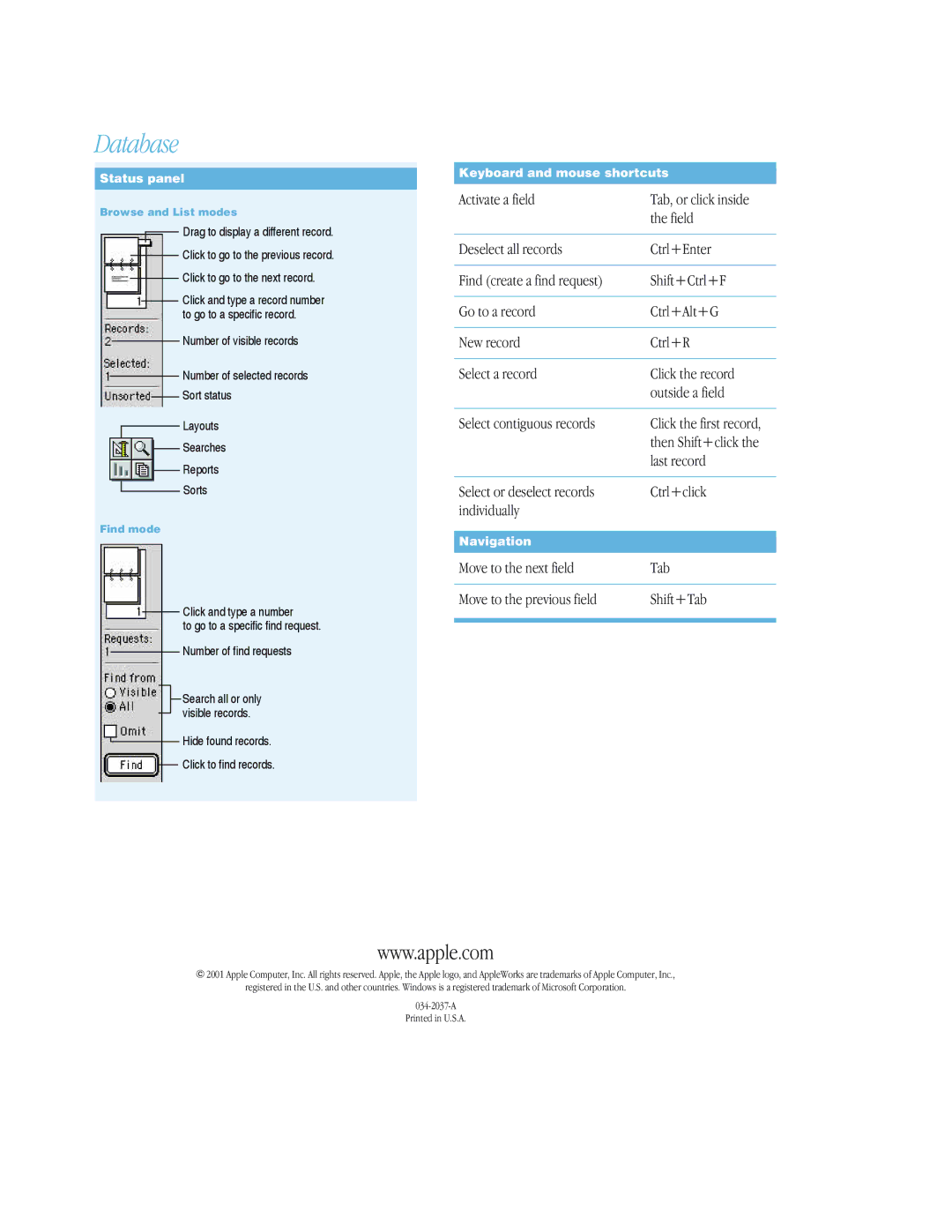 Apple 6 manual Database, Status panel, Click and type a number, Hide found records Click to find records 