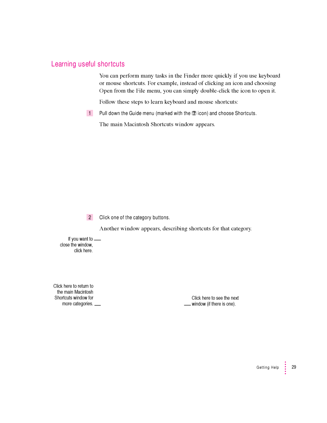 Apple 600 series manual Learning useful shortcuts, Main Macintosh Shortcuts window appears 