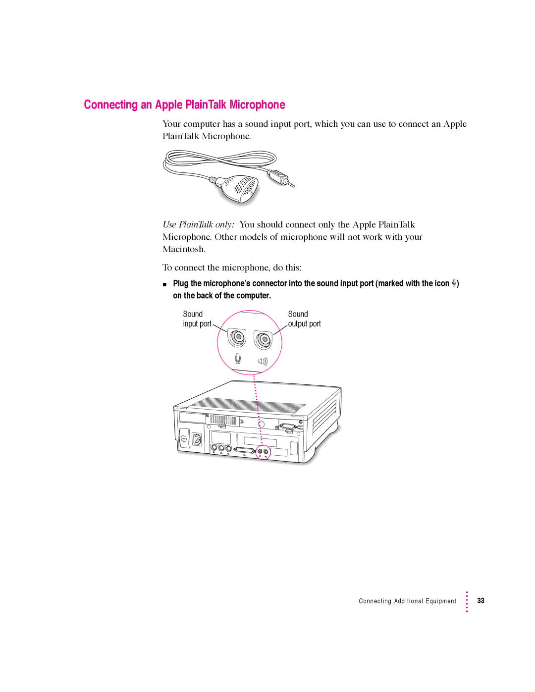 Apple 600 series manual Connecting an Apple PlainTalk Microphone 