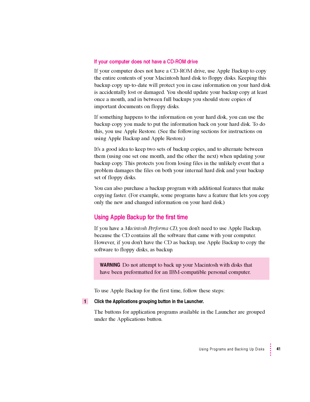 Apple 600 series manual Using Apple Backup for the first time, If your computer does not have a CD-ROM drive 