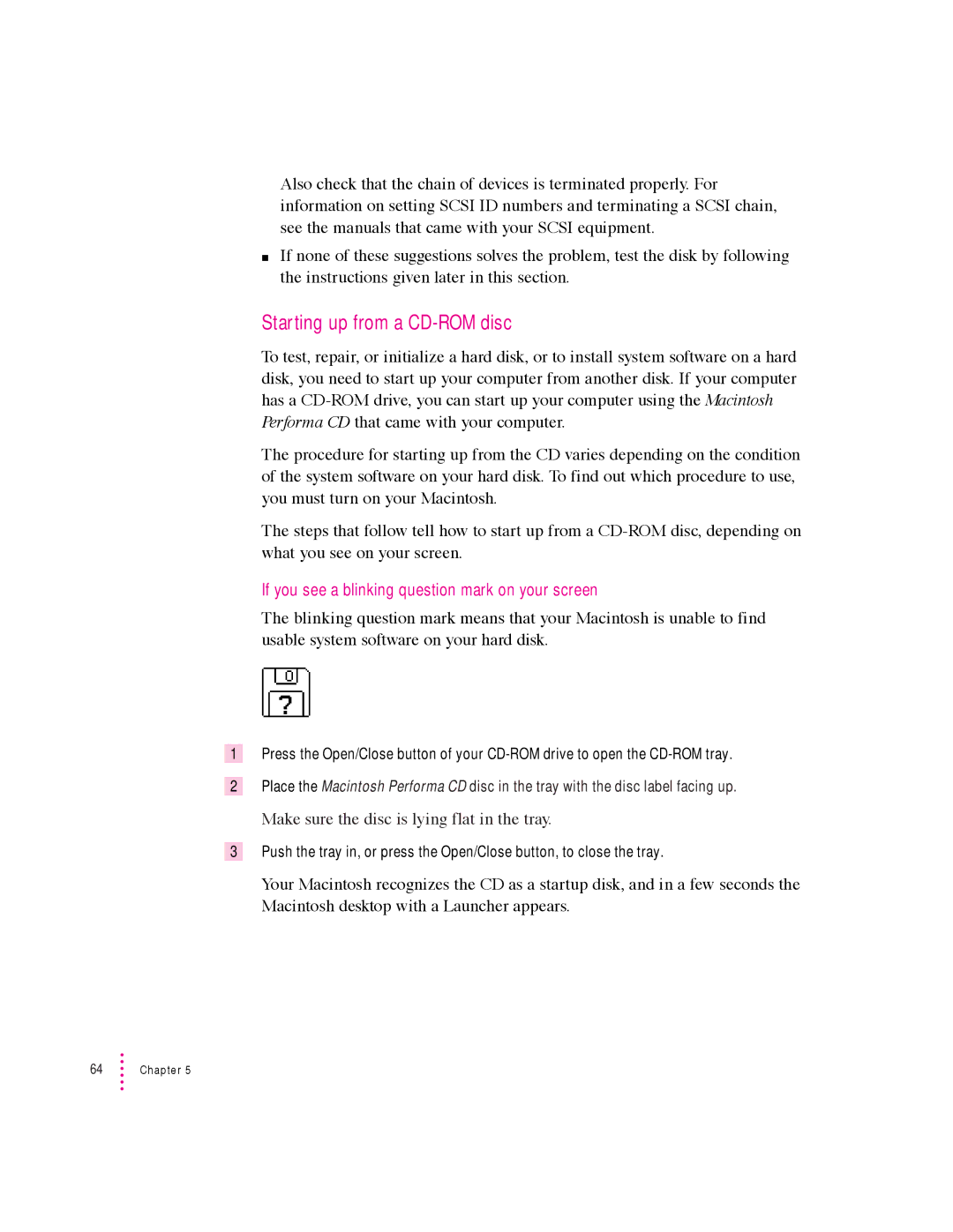 Apple 600 series manual Starting up from a CD-ROM disc, If you see a blinking question mark on your screen 