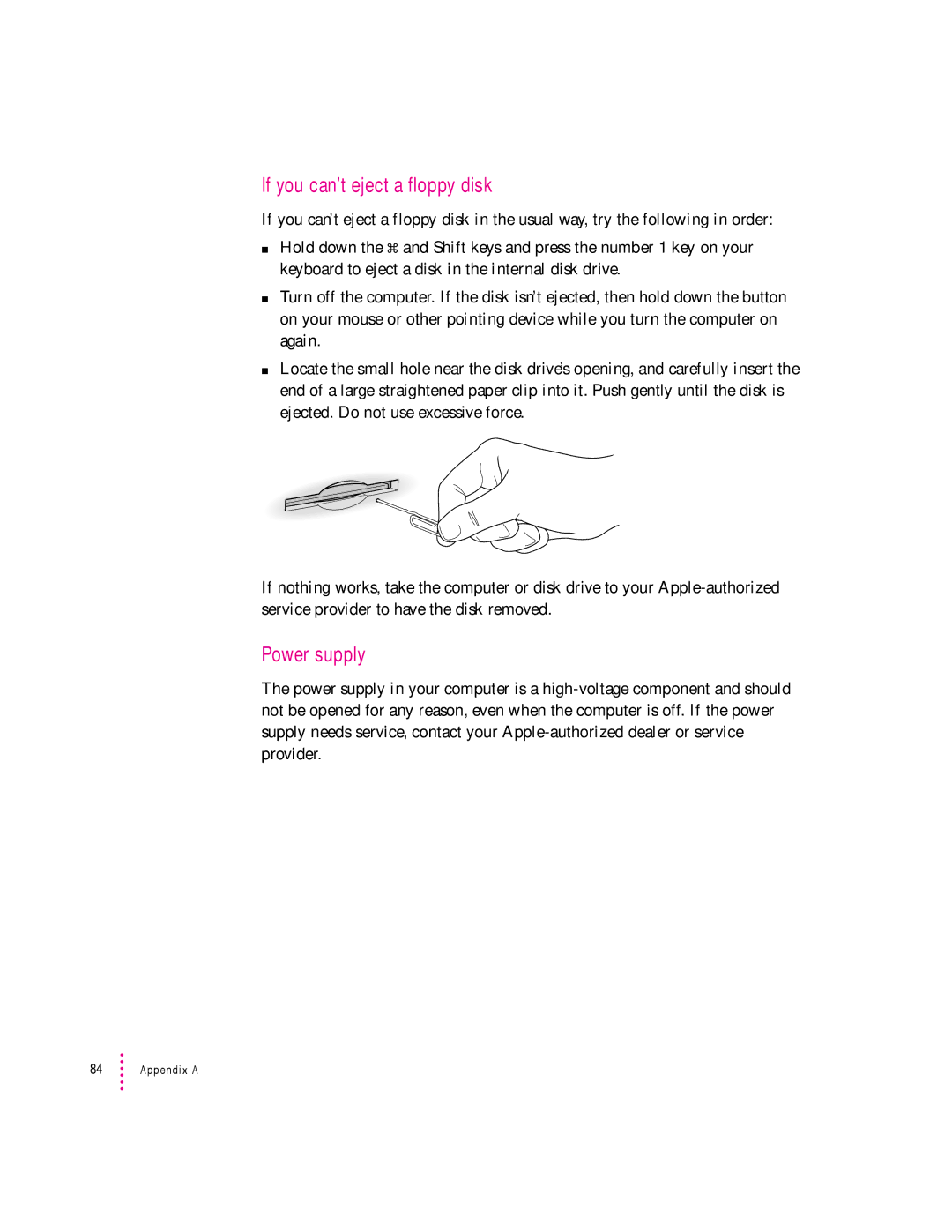 Apple 600 series manual If you can’t eject a floppy disk, Power supply 