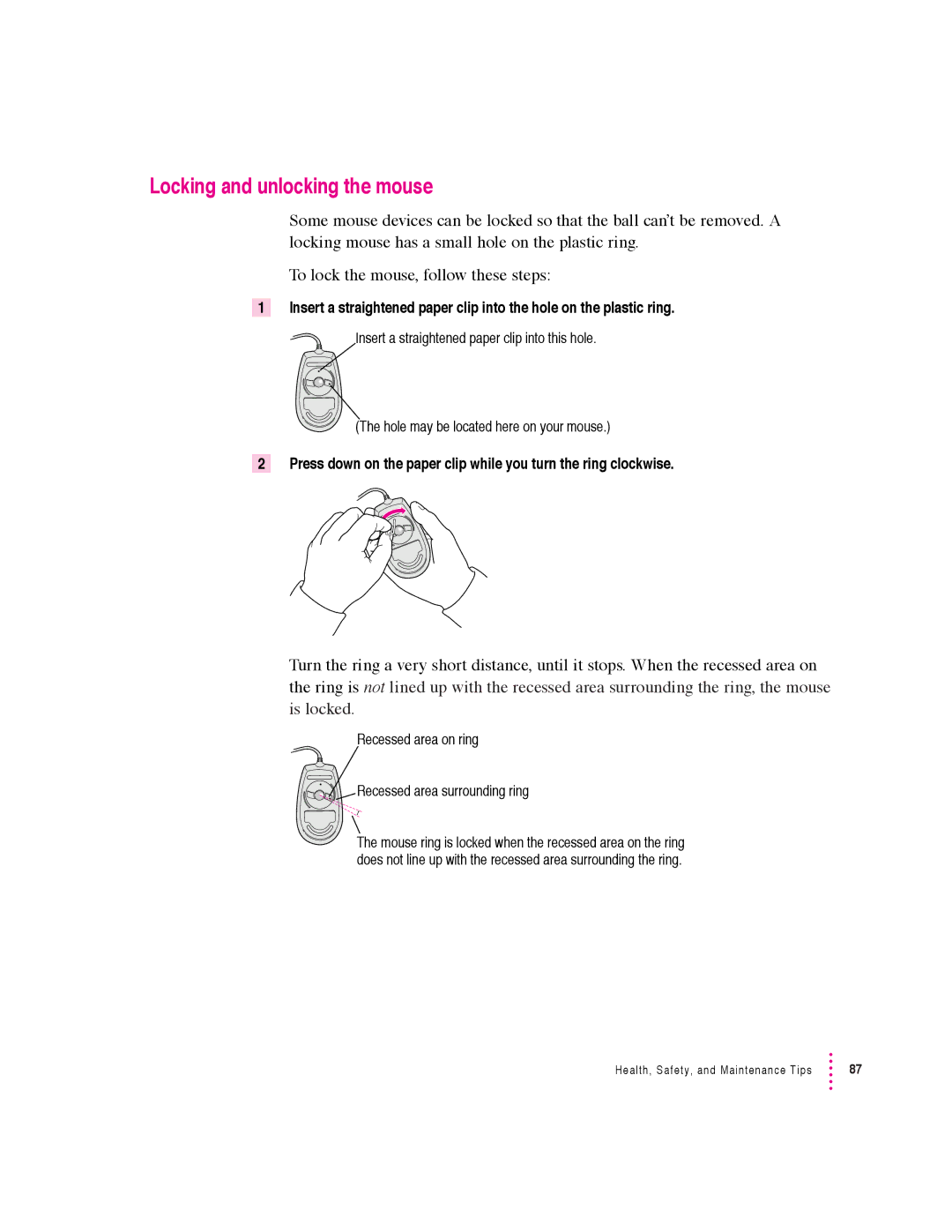 Apple 600 series manual Locking and unlocking the mouse, Recessed area on ring Recessed area surrounding ring 