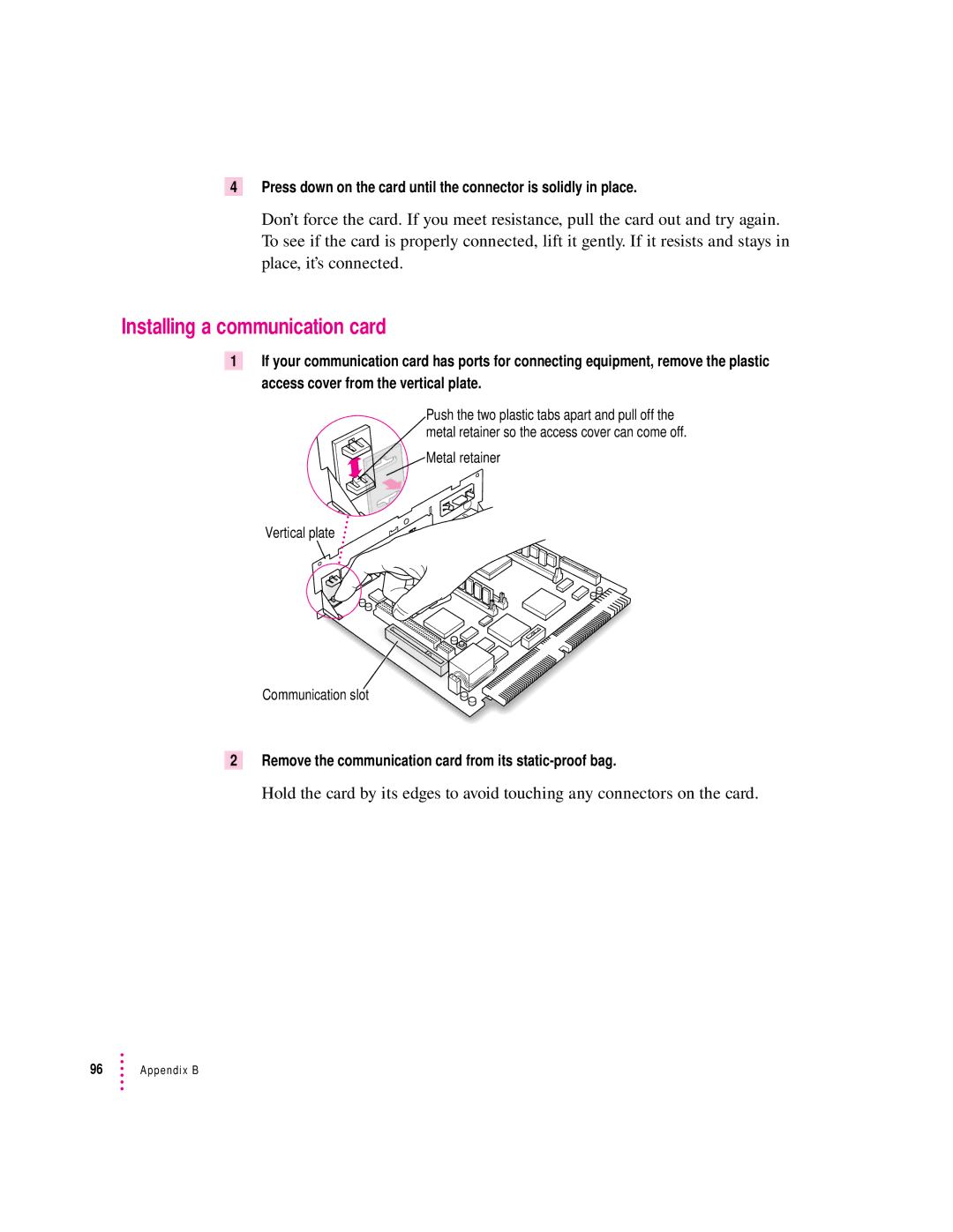 Apple 6200 series manual Installing a communication card, Remove the communication card from its static-proof bag 