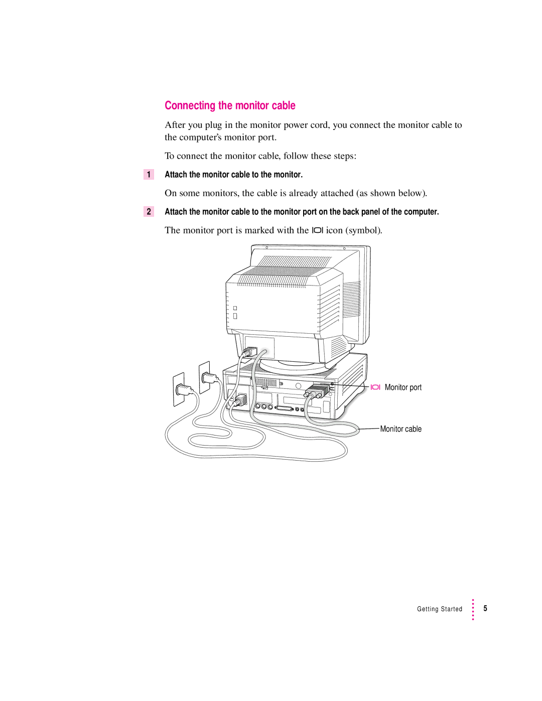 Apple 6200 series manual Connecting the monitor cable, Monitor port is marked with the icon symbol 