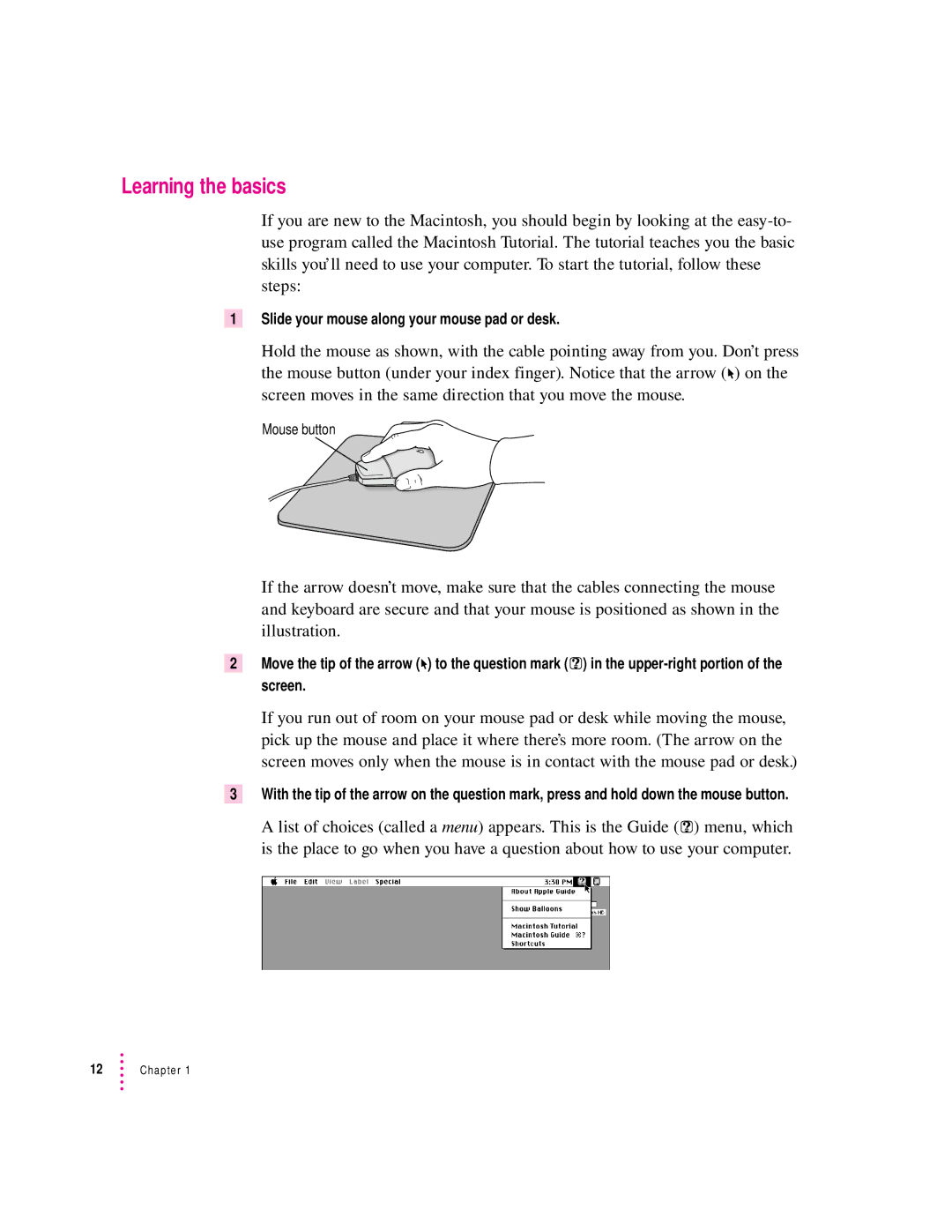 Apple 6200 series manual Learning the basics, Slide your mouse along your mouse pad or desk 