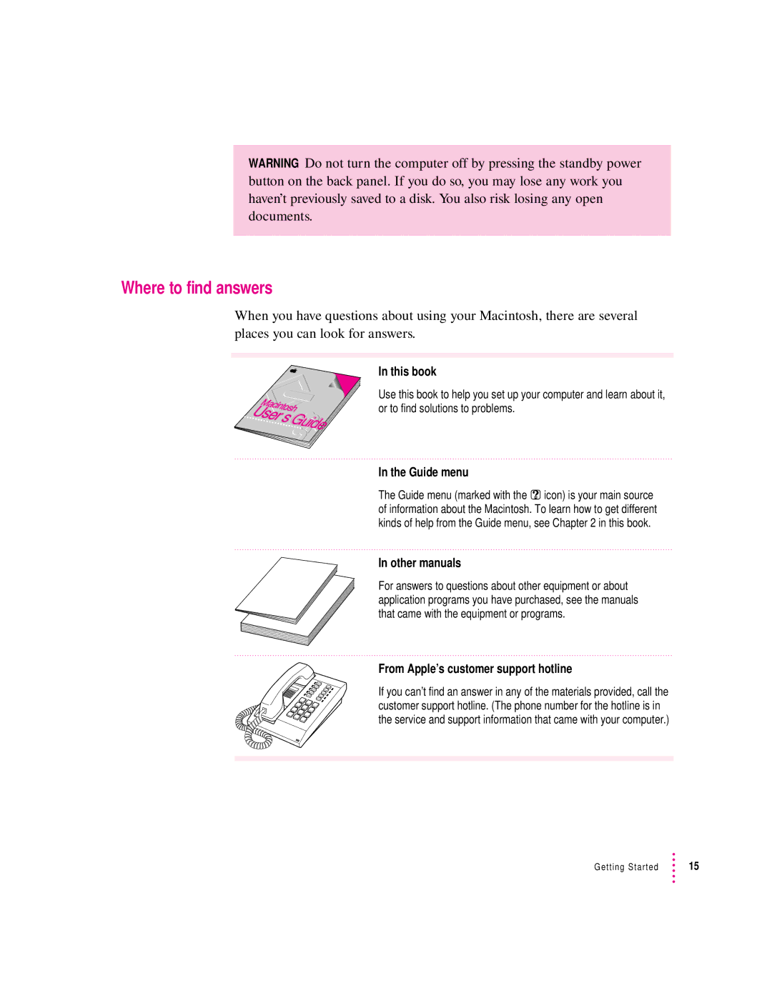 Apple 6200 series Where to find answers, This book, Guide menu, Other manuals, From Apple’s customer support hotline 