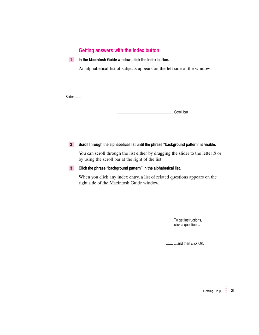 Apple 6200 series manual Getting answers with the Index button, Macintosh Guide window, click the Index button 