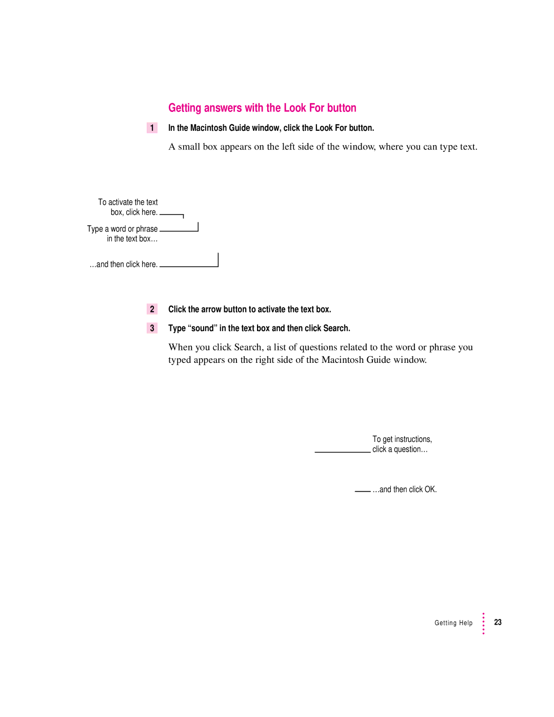 Apple 6200 series manual Getting answers with the Look For button, Macintosh Guide window, click the Look For button 