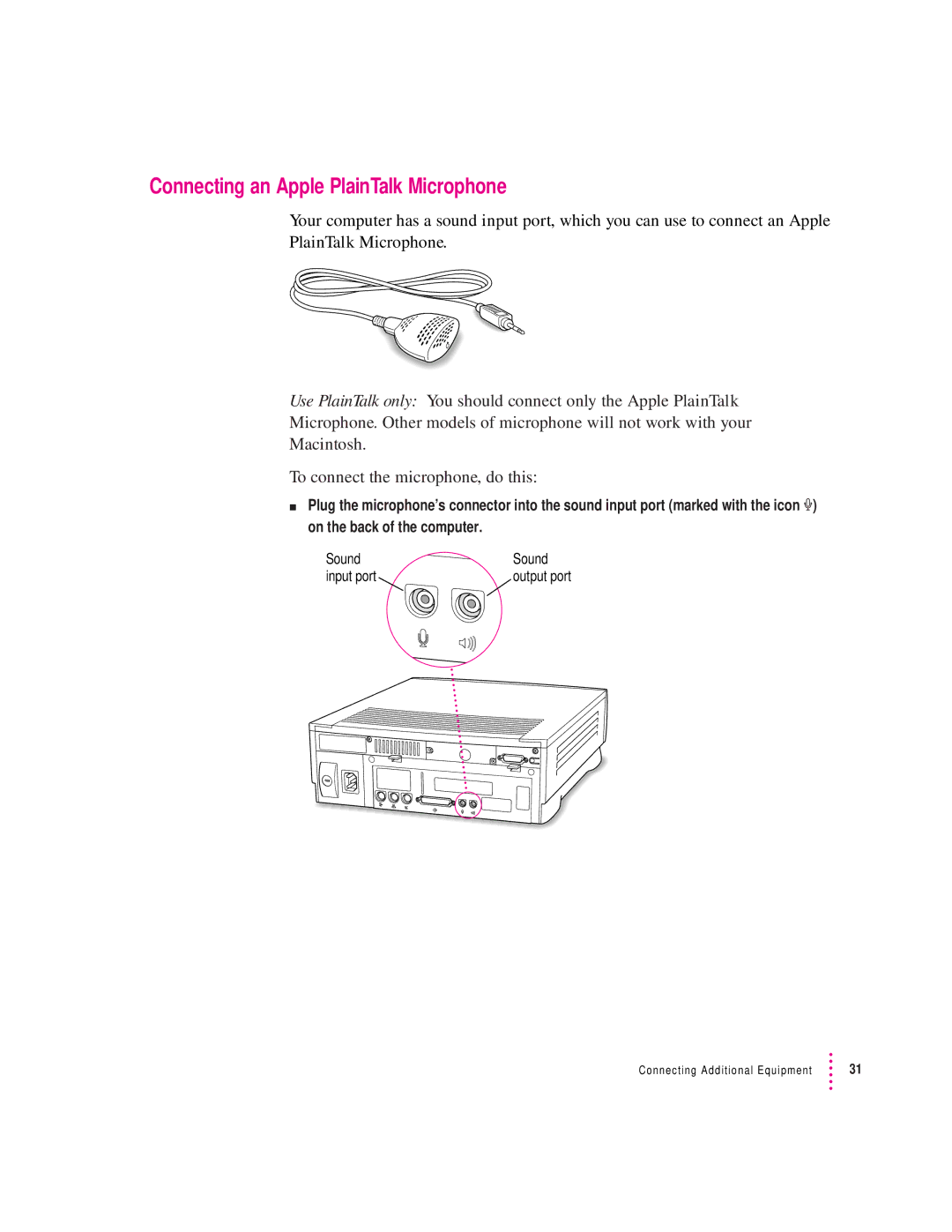 Apple 6200 series manual Connecting an Apple PlainTalk Microphone 