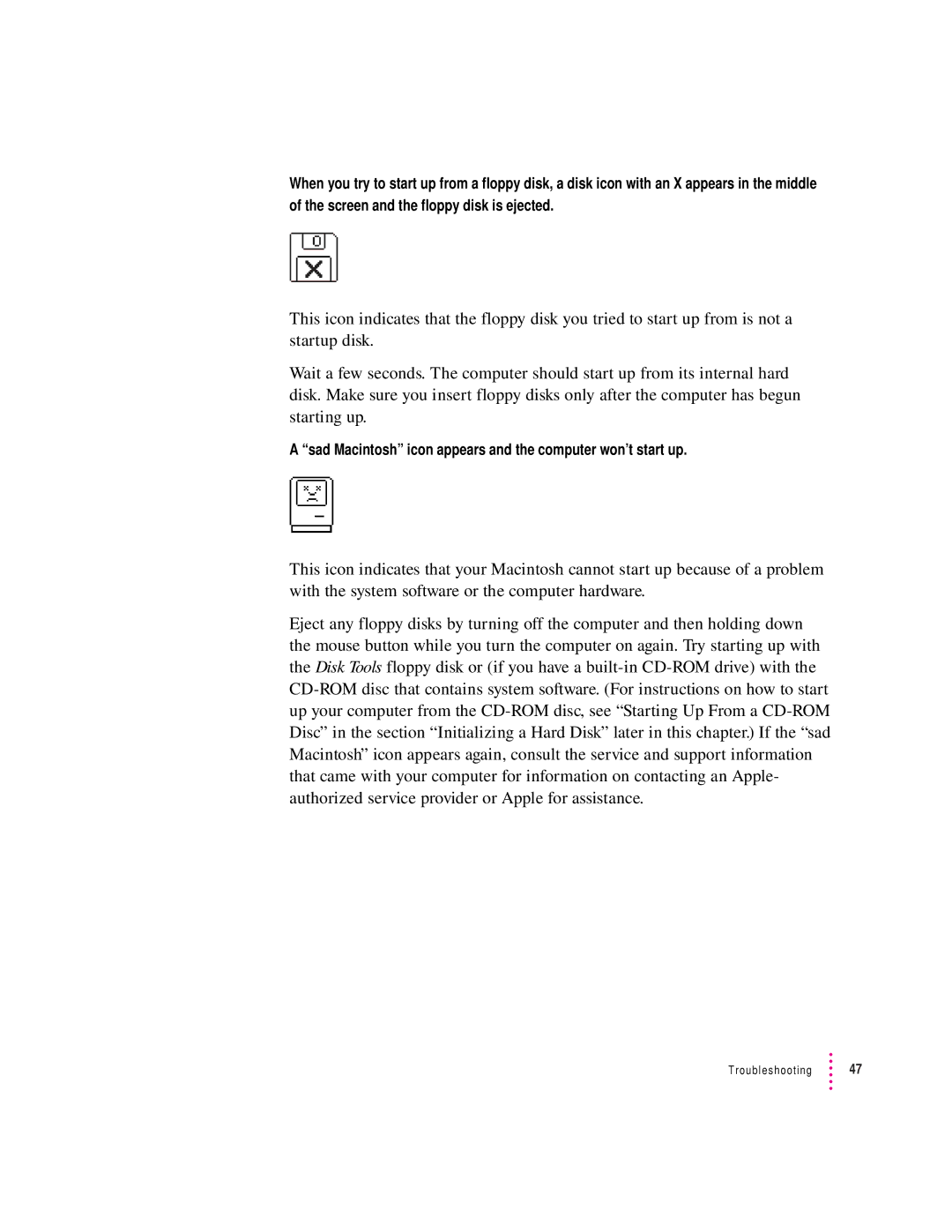 Apple 6200 series manual Sad Macintosh icon appears and the computer won’t start up 