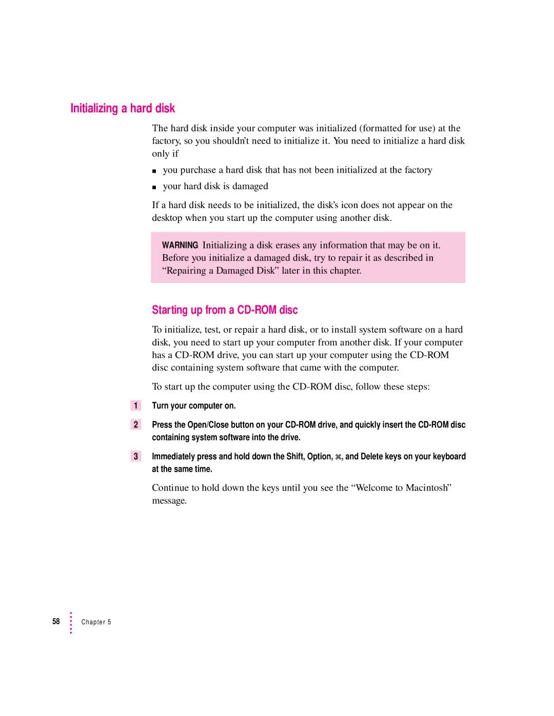 Apple 6200 series manual Initializing a hard disk, Starting up from a CD-ROM disc 