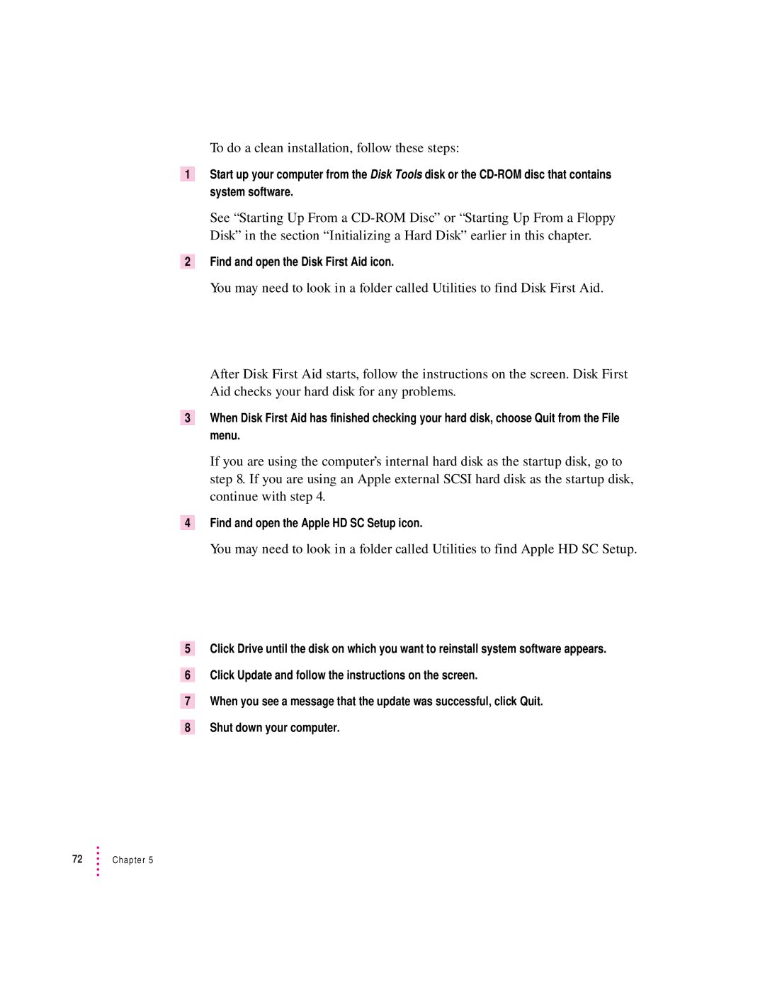 Apple 6200 series manual To do a clean installation, follow these steps, Find and open the Apple HD SC Setup icon 