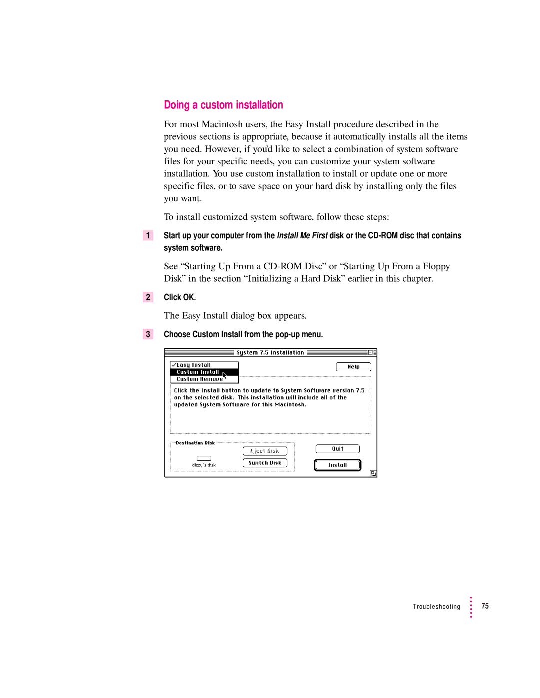 Apple 6200 series manual Doing a custom installation, Choose Custom Install from the pop-up menu 