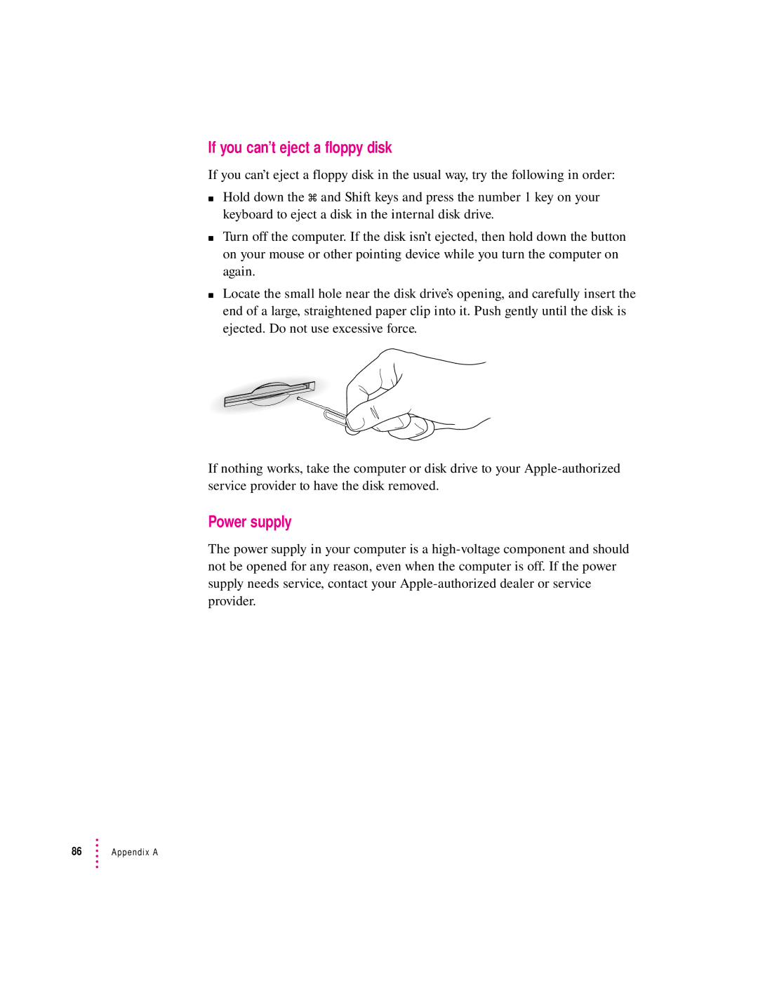 Apple 6200 series manual If you can’t eject a floppy disk, Power supply 