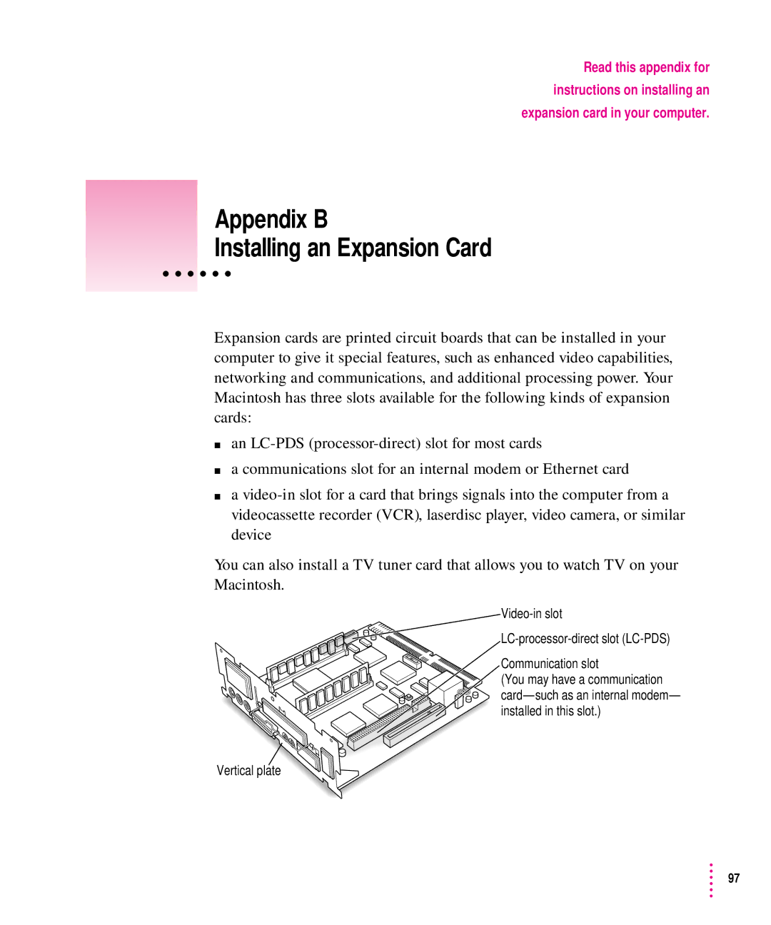 Apple 6300CD Series, 6200CD Series manual Appendix B Installing an Expansion Card 