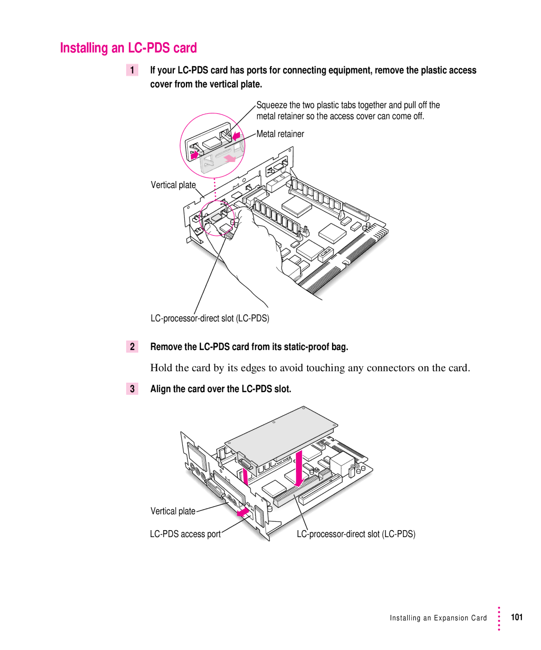 Apple 6300CD Series, 6200CD Series manual Installing an LC-PDS card, Align the card over the LC-PDS slot 
